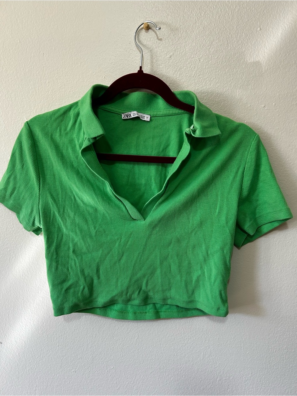 Zara Bright Green Ribbed Cropped Polo